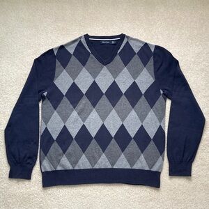 Nautica Men's V-Neck Argyle Sweater - Navy and Gray